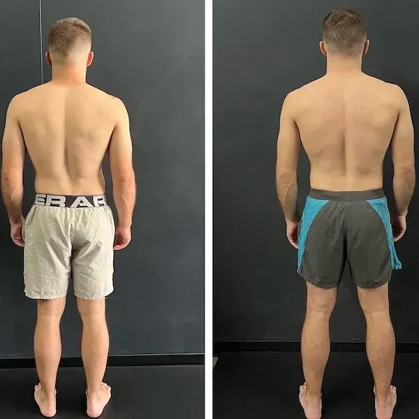 Rear view of a man standing in two side-by-side photos, wearing shorts against a dark wall.