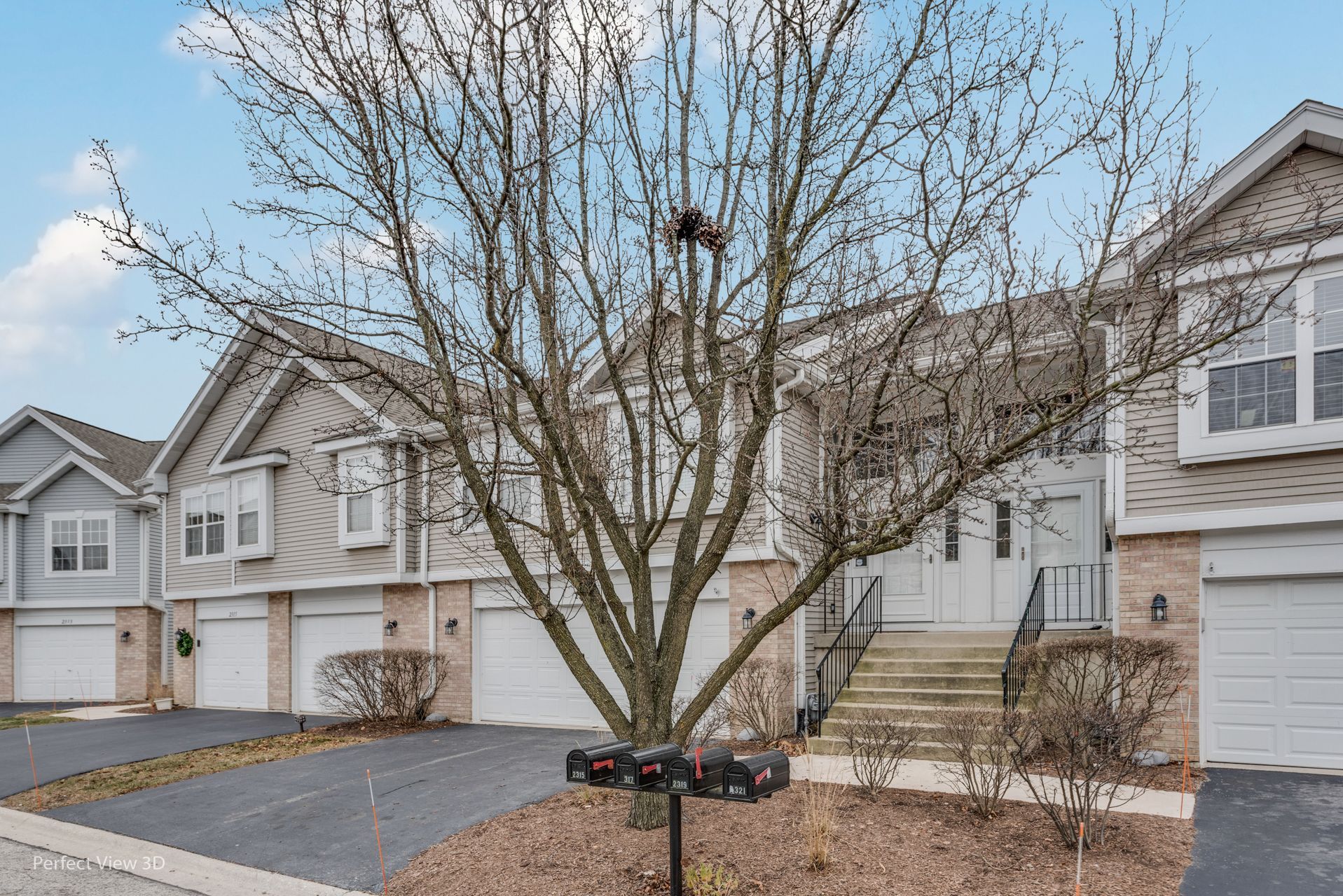 A row of houses with a tree in front of them.