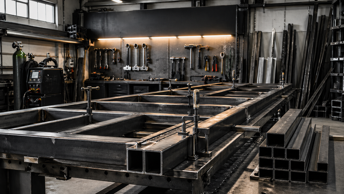 Officina industriale con grandi telai e travi in ​​acciaio illuminate da potenti luci dall'alto.
