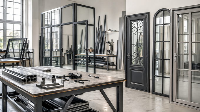 Officina industriale con porte e finestre in vetro con telaio in metallo nero, disposte attorno a un grande tavolo da lavoro.