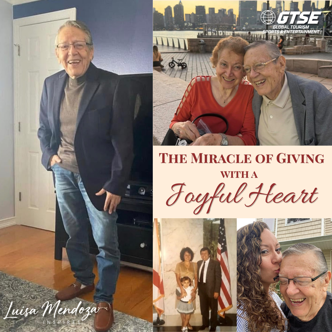 Man standing indoors beside a TV; collage of smiling couple photos with text, “The Miracle of Giving with a Joyful Heart.” Man standing indoors beside a TV; collage of smiling couple photos with text, “The Miracle of Giving with a Joyful Heart.”