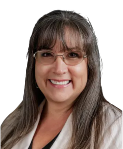 Chelsey White smiling with glasses and long dark hair against a white background