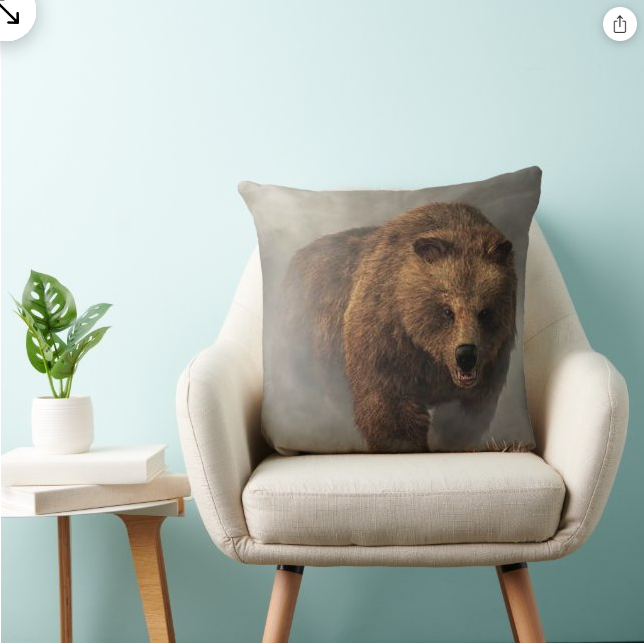 Bit Coin Brown Grizzly Bear Throw Pillow