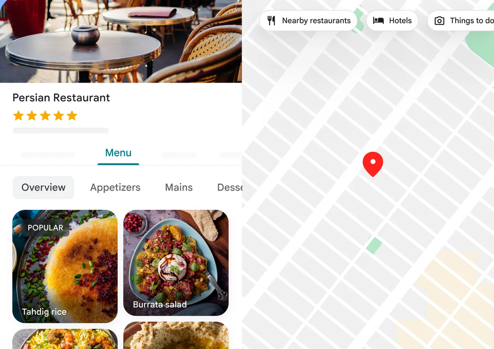 Restaurant listing and map view for “Perten Restaurant” with food photos and location pin