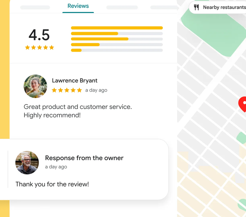 4.5-star review card with customer comments beside a map pin and route lines