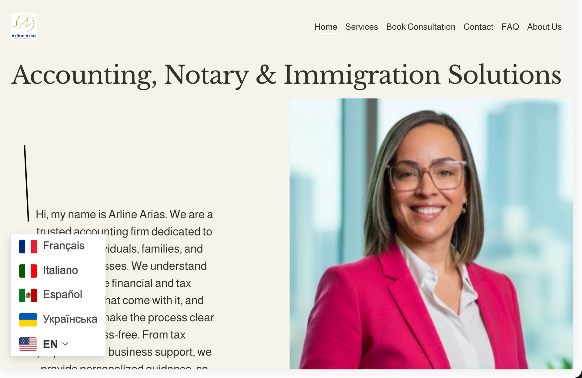 Homepage banner for accounting, notary, and immigration services with smiling woman in pink blazer