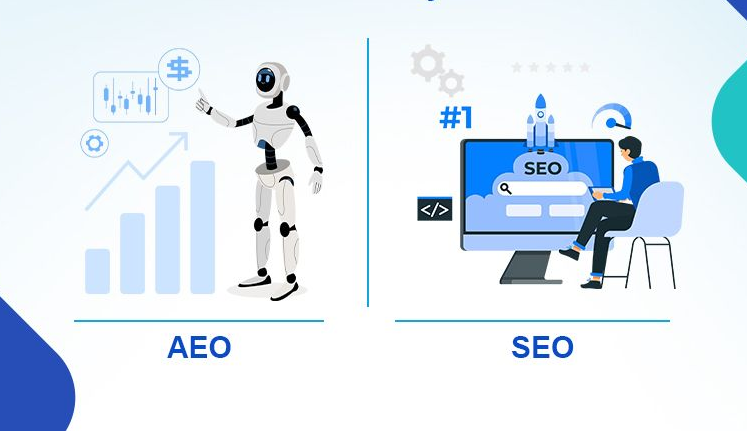 Split graphic comparing AEO robot analytics and SEO person at computer, blue and white design