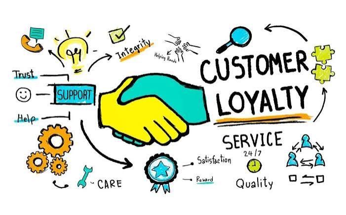 Handshake with customer loyalty and service words, surrounded by icons and support symbols on white background
