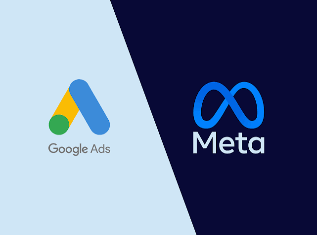 Google Ads and Meta logos on a split light blue and dark blue background