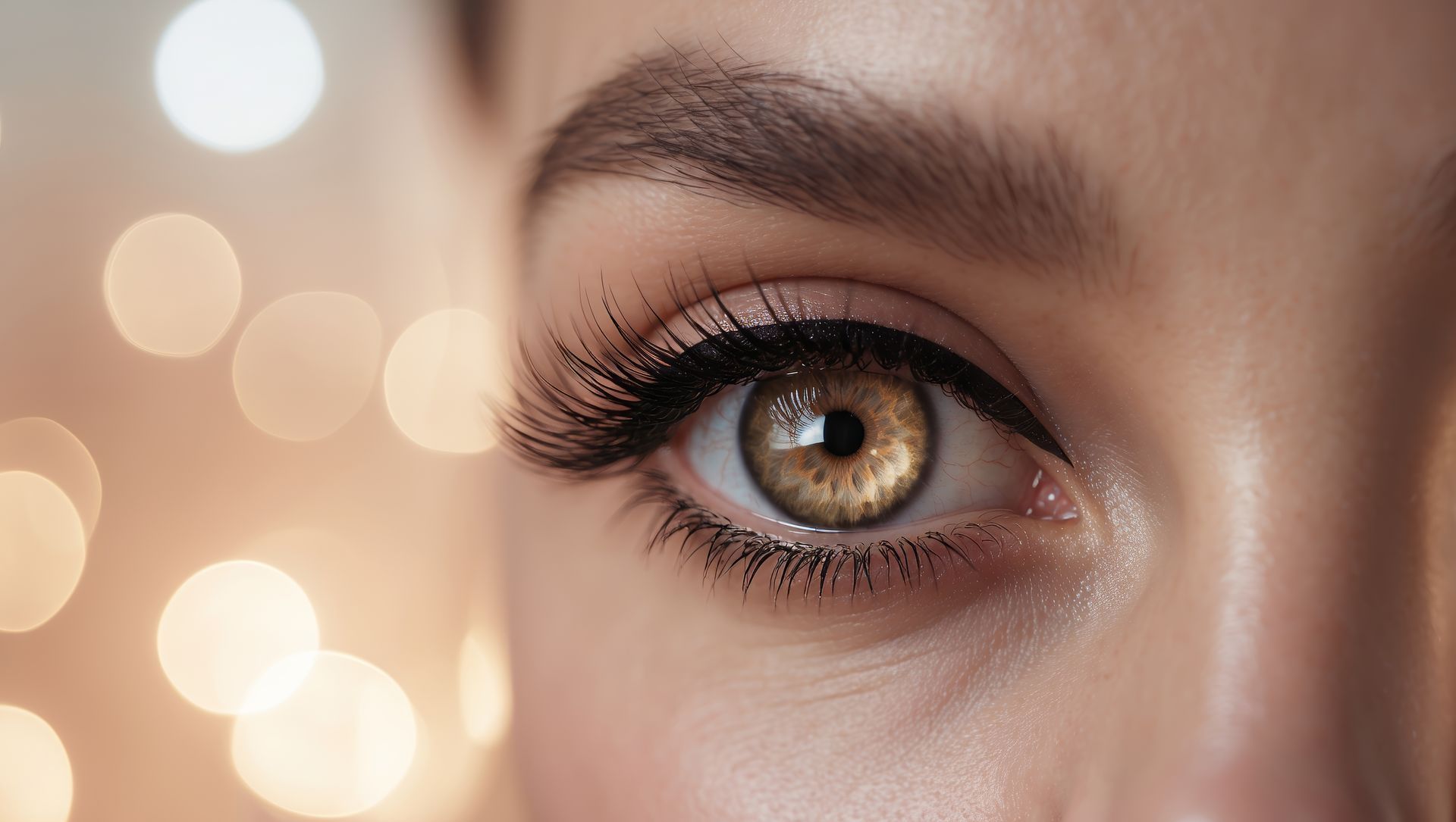 Close-up of a brown eye with long eyelashes, defined eyebrow. Soft focus background with bokeh lights.