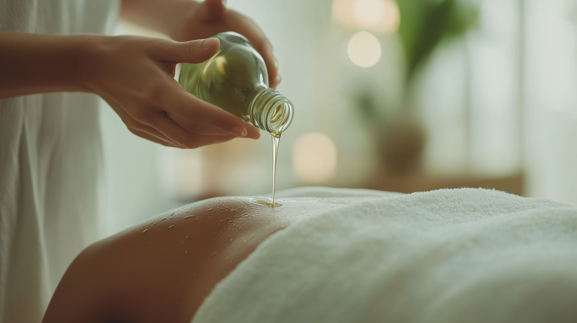 Hands pouring massage oil onto a person's back, covered by a white towel. Soft, blurred background.