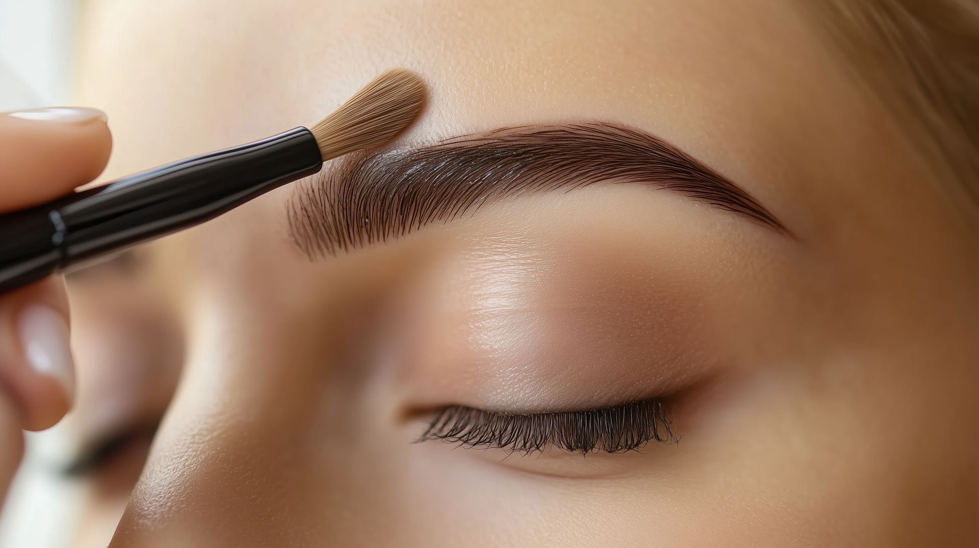 Applying makeup to an eyebrow with a brush; eye closed.