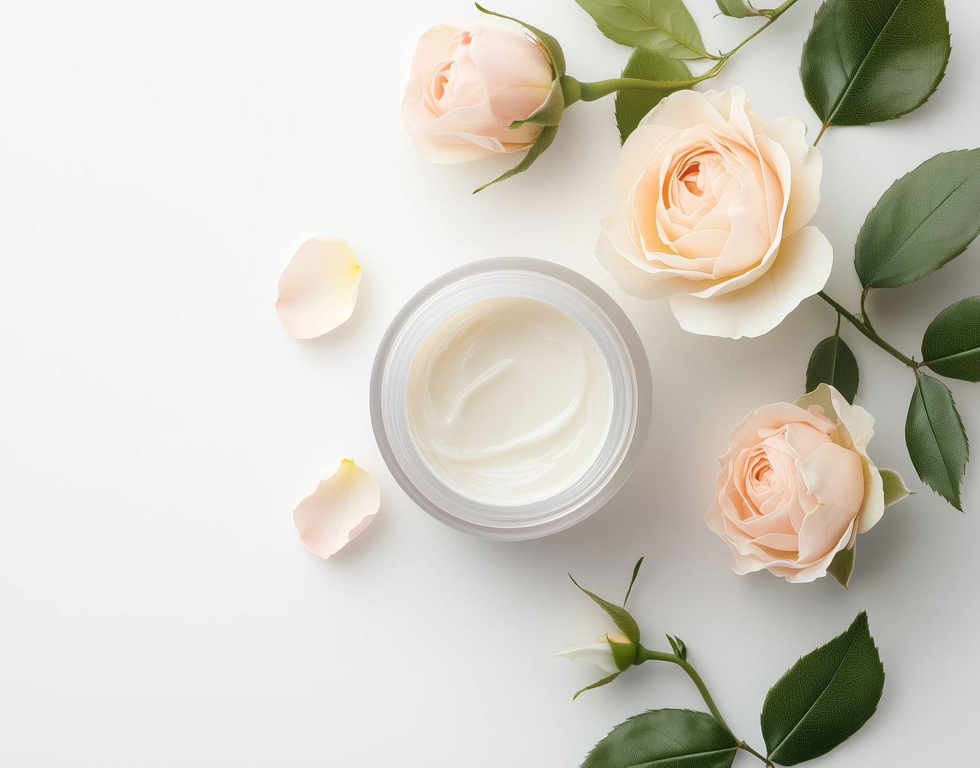 Jar of cream surrounded by peach roses and green leaves on a white surface.