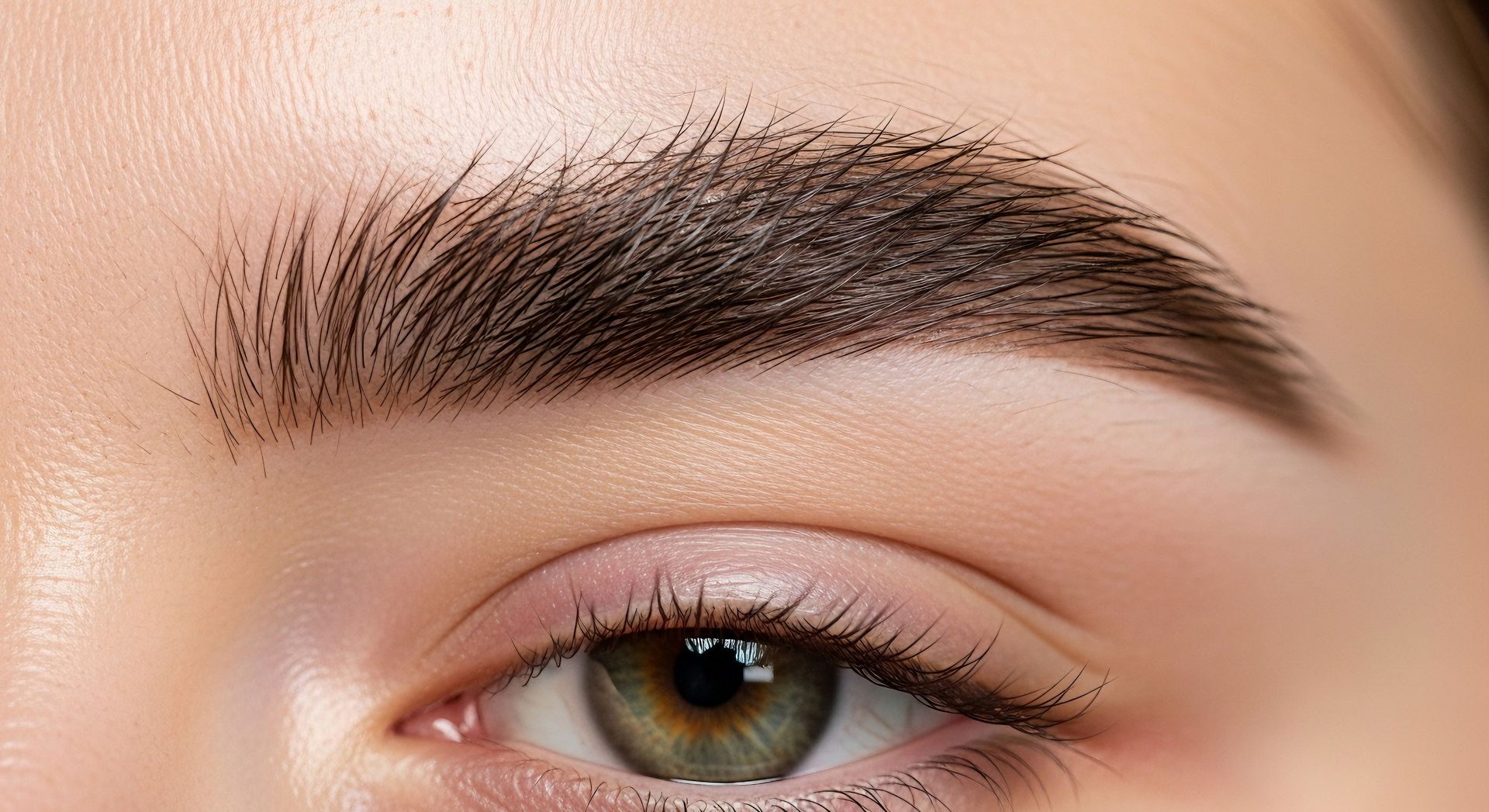 Close-up of an eye with thick, dark, groomed eyebrows. The eye is green.