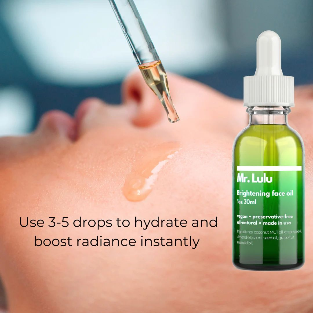 Skincare product demonstration: Face oil being applied to skin with a dropper; green bottle on the right.