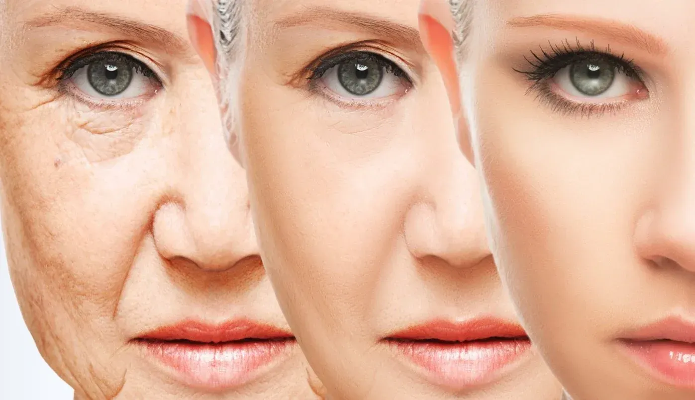 Three faces: aging skin transforming from wrinkled to smooth.