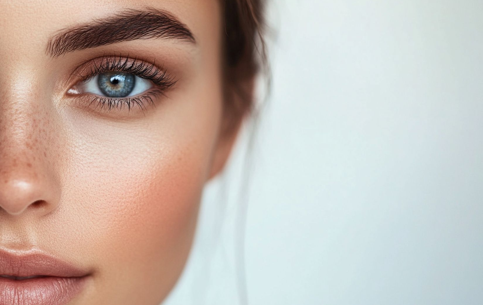 Close-up of a person's face with fair skin, blue eyes, and full, dark eyebrows.