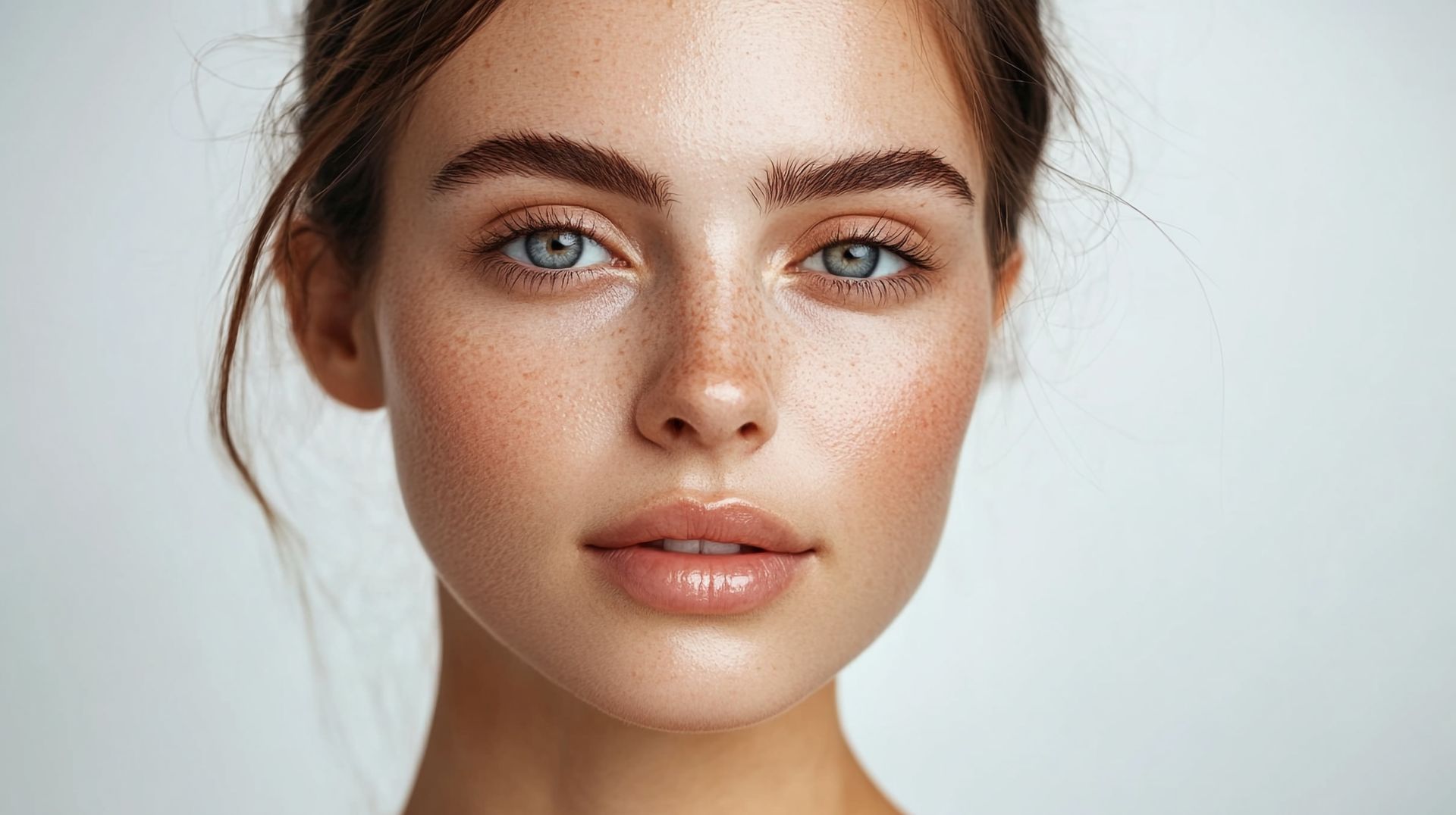Woman with fair skin, freckles, and blue eyes. She has full lips and natural makeup.