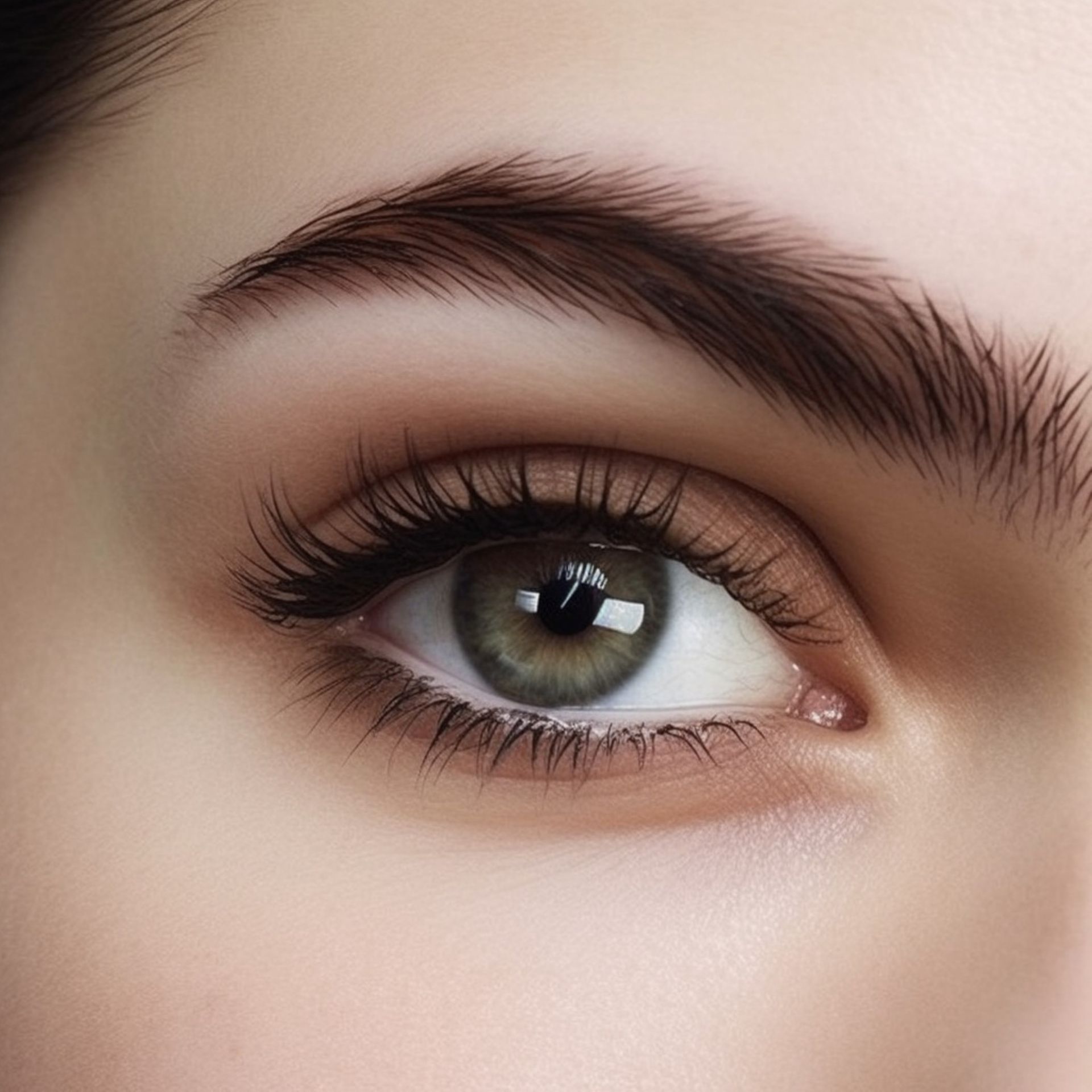 Close-up of a person's eye with long lashes, light brown eyeshadow, and a full, dark eyebrow.
