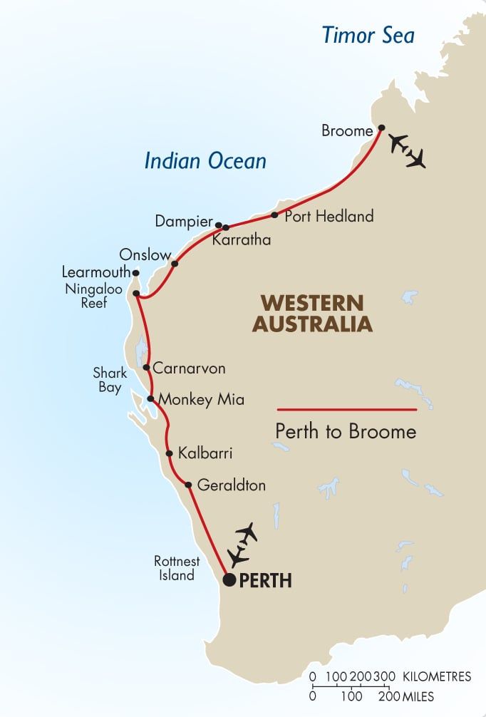 A map showing a Broome to Perth tour