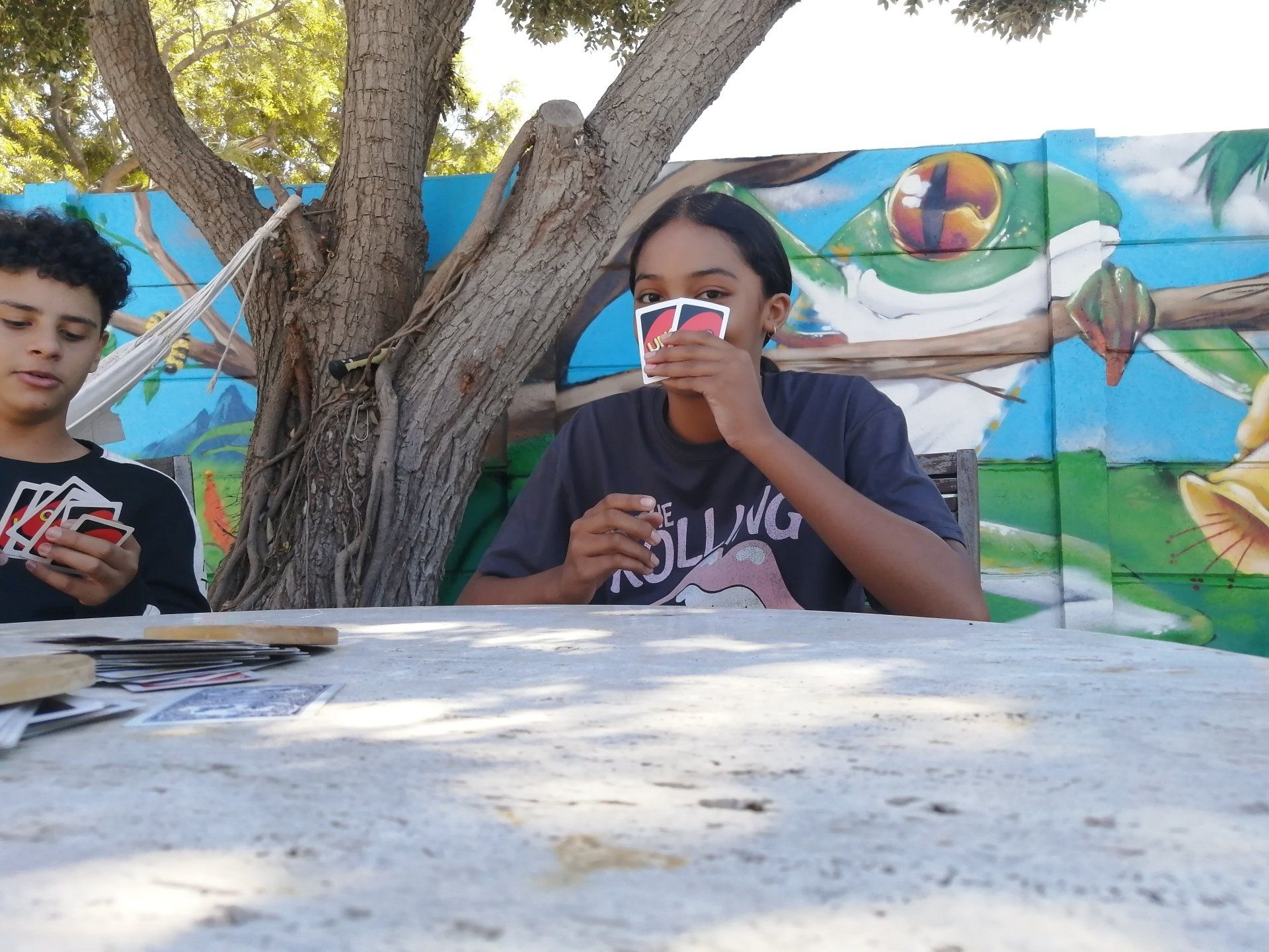 a boy and a girl are playing cards under a tree