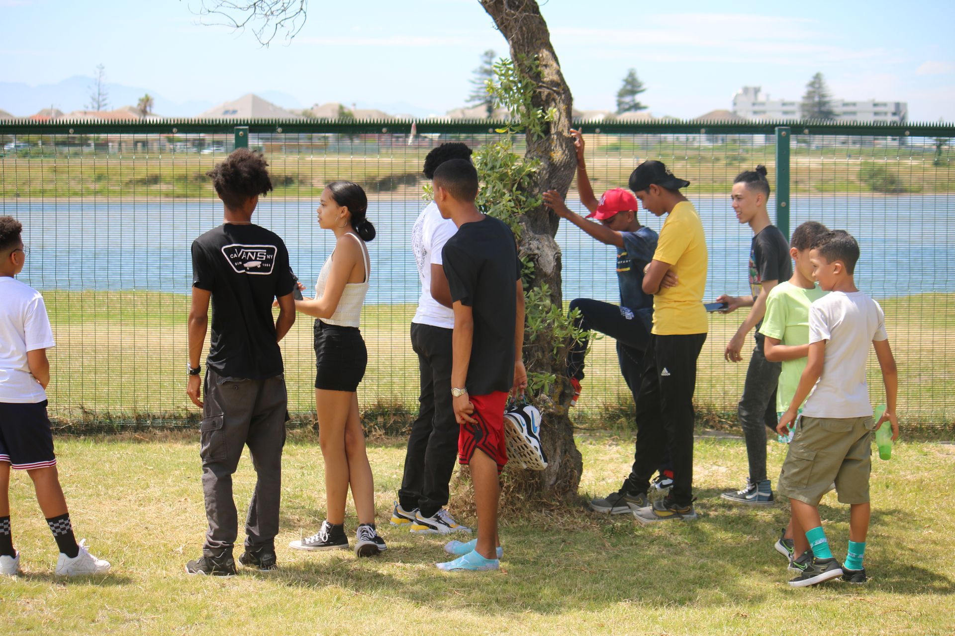 a group of young people are standing around a tree in a park .