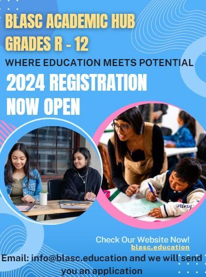 a poster for blasc academic hub grades r-12 where education meets potential