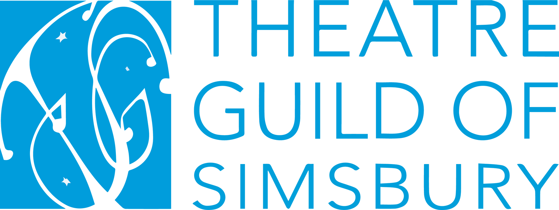 Logo for the Theatre Guild of Simsbury. It features a white abstract design on a teal background with white text.