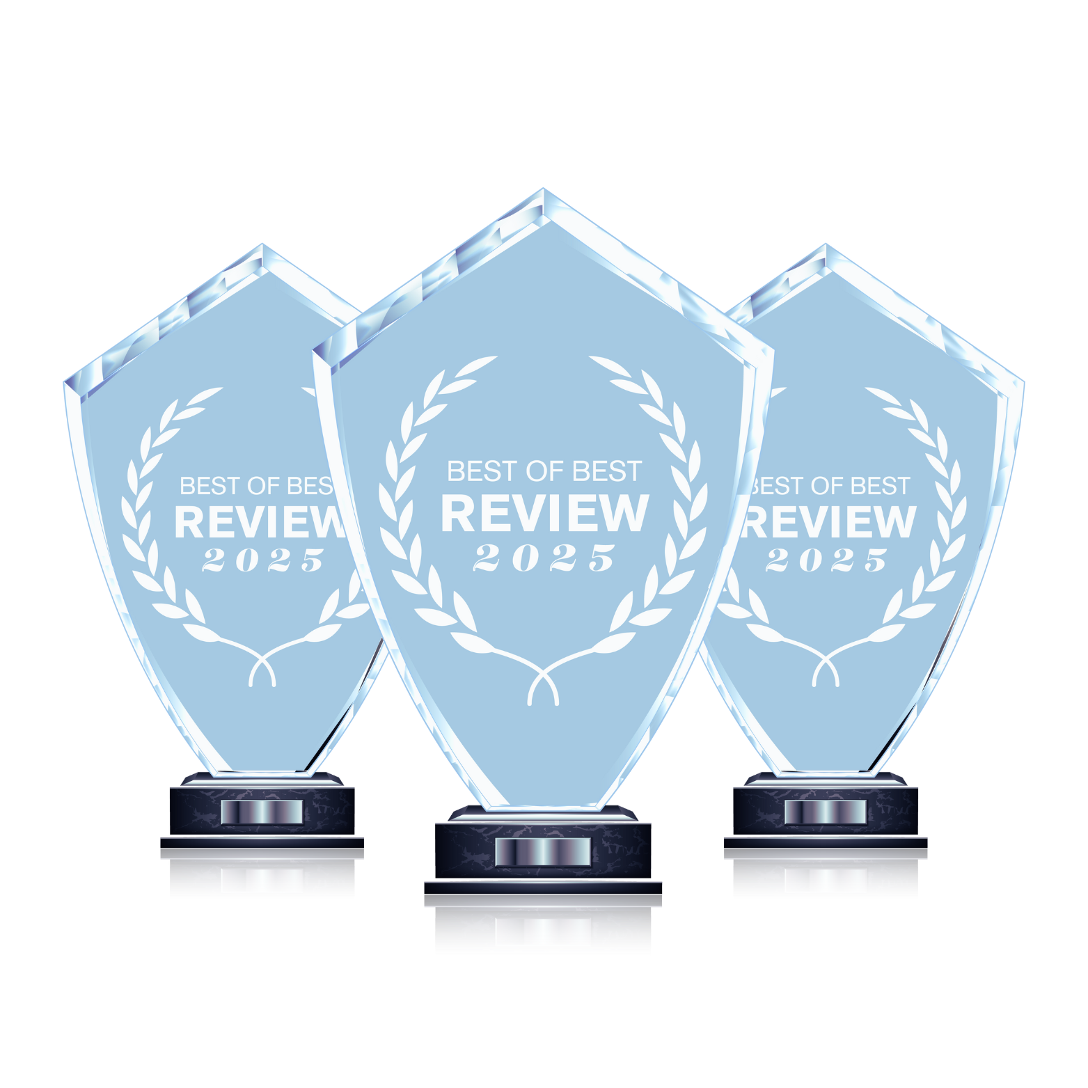 Three best of best review trophies are sitting next to each other on a white background.