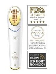White and gold handheld skincare device with information panels: FDA cleared, 24K gold, and LED light technology.