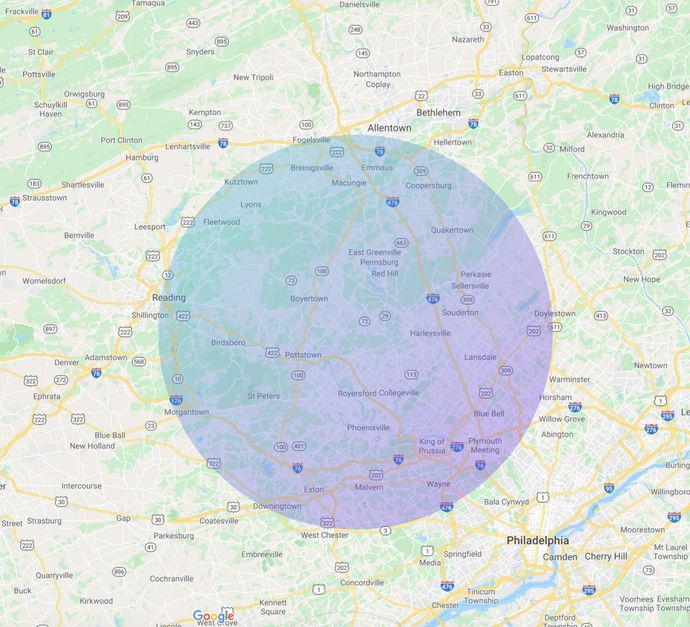 Coverage Map of HVAC Services including the Boyertown, Collegeville, Pennsburg, Pottstown, Royersford, Schwenksville, Limerick Township, & Amity Township, PA areas