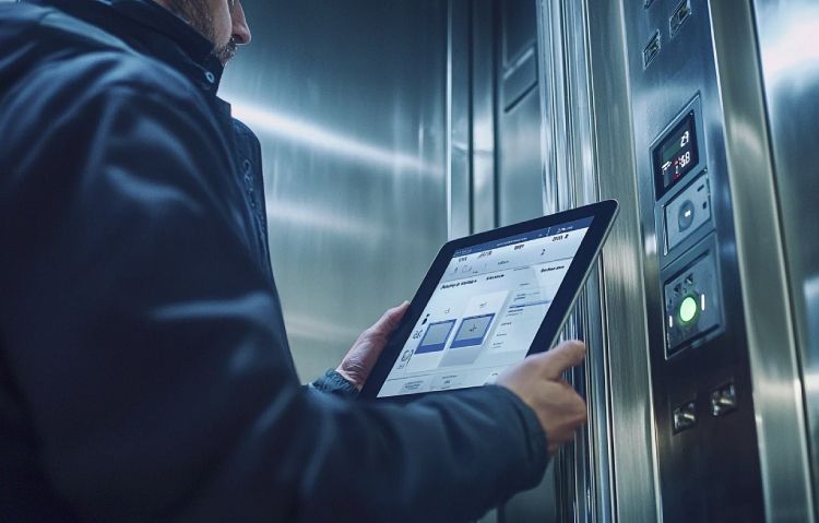 elevator engineer using tablet to test smart elevator control panel