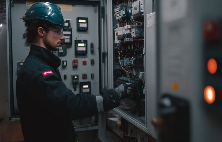 elevator technician in uniform inspecting control panel inside elevator machine room