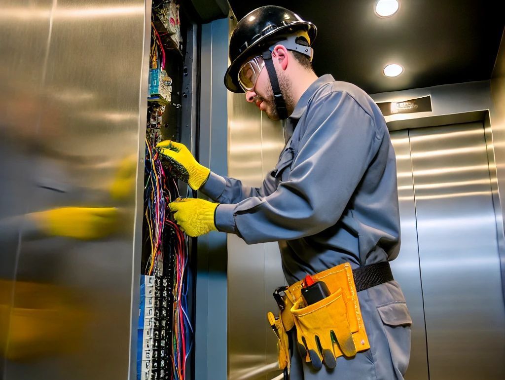 elevator technician working on the wiring of an elevator in a modern building