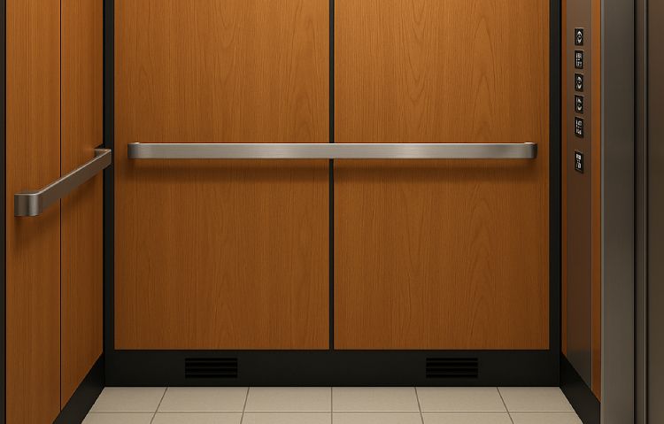 raised panel elevator cab with wood finish and metal handrails