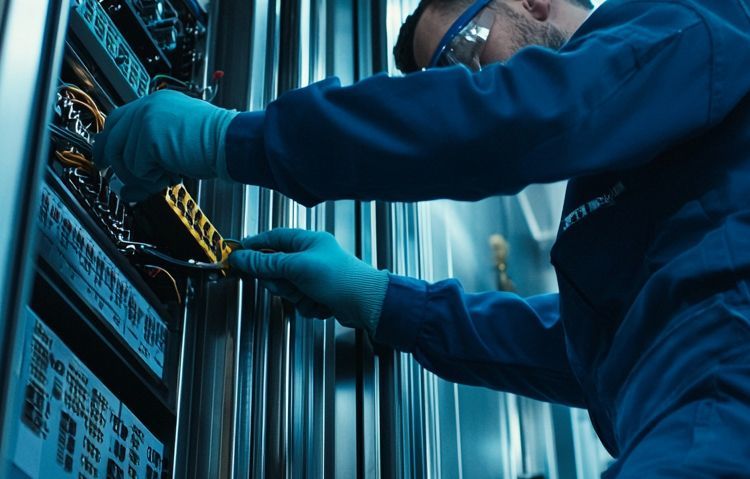 skilled technician upgrading elevator control panel in high-rise