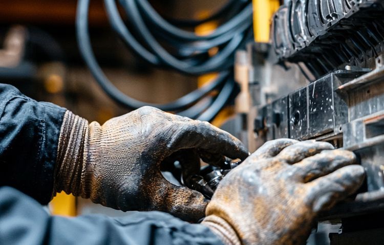 technician’s hands adjusting an elevator brake system