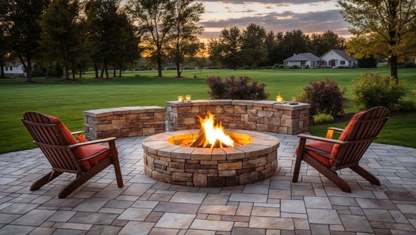 Two wooden chairs face a lit stone fire pit on a patio. Backyard scene at sunset.