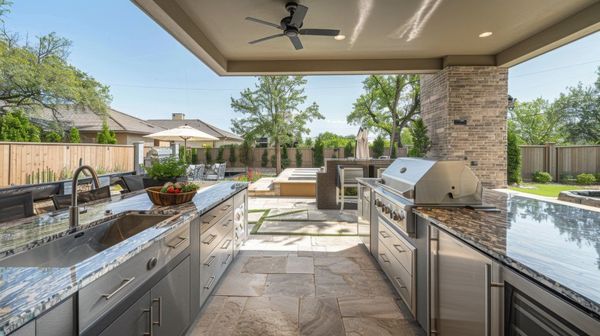 Outdoor kitchen with stainless steel appliances, stone accents, and a view of a backyard patio.