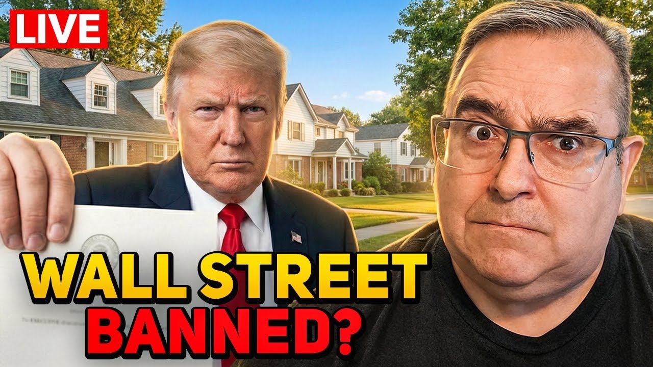 Live stream graphic: Trump & man with surprised expression, text 