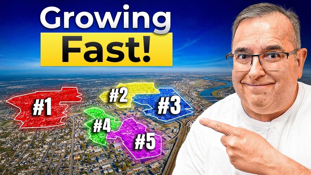 Man pointing at a colorful map with #1–#5 markers and the text “Growing Fast!”