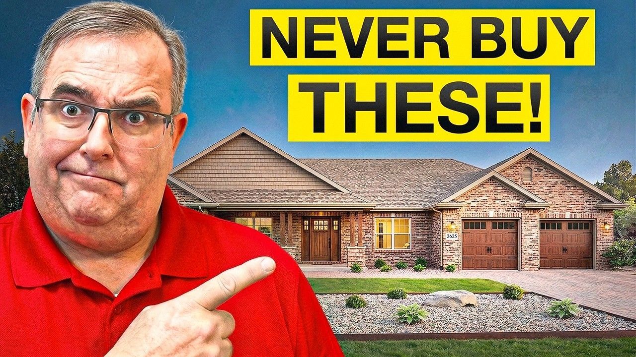 Man in red shirt pointing at a suburban house with bold yellow text: “NEVER BUY THESE!”