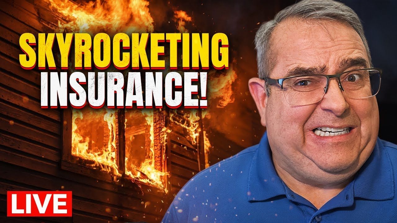 Man in glasses beside burning house with text “SKYROCKETING INSURANCE!” and a red LIVE label