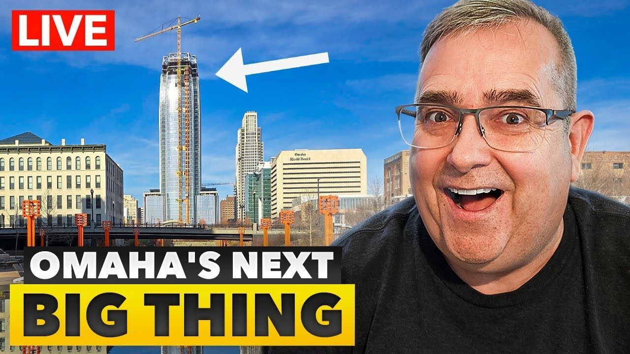 Live thumbnail of Omaha skyline with arrow pointing to tower and text “Omaha’s Next Big Thing,” plus a man smiling