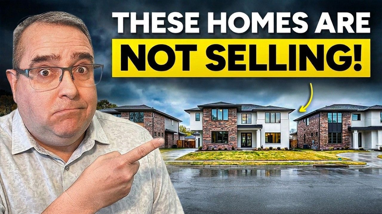 Man points at a house with bold text: “THESE HOMES ARE NOT SELLING!”