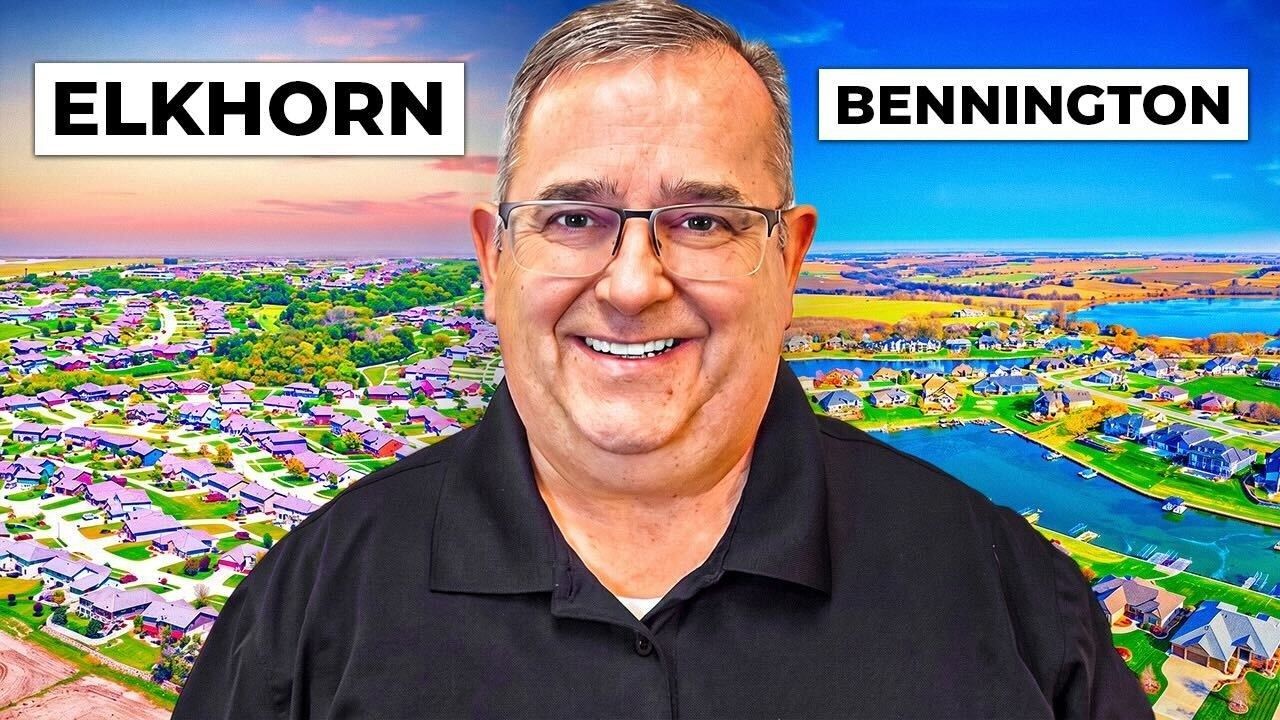 Smiling man in black shirt over colorful aerial townscape labeled Elkhorn and Bennington