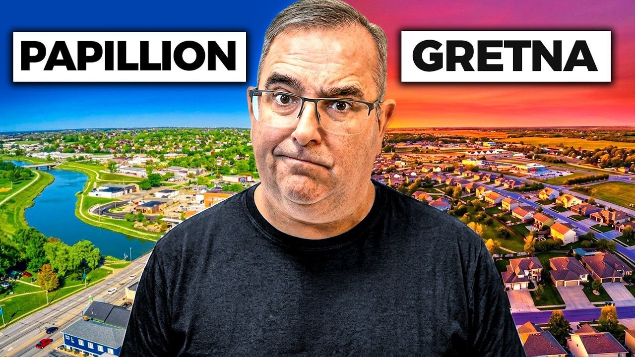 Man in glasses centered over split scenic views labeled “Papillion” and “Gretna”