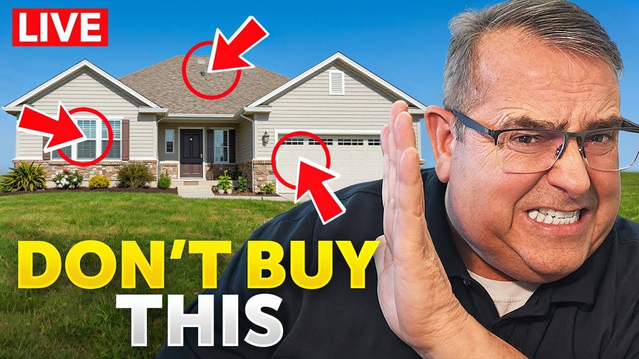 Man pointing at a house thumbnail with red arrows and bold text “DON’T BUY THIS” and “LIVE” badge
