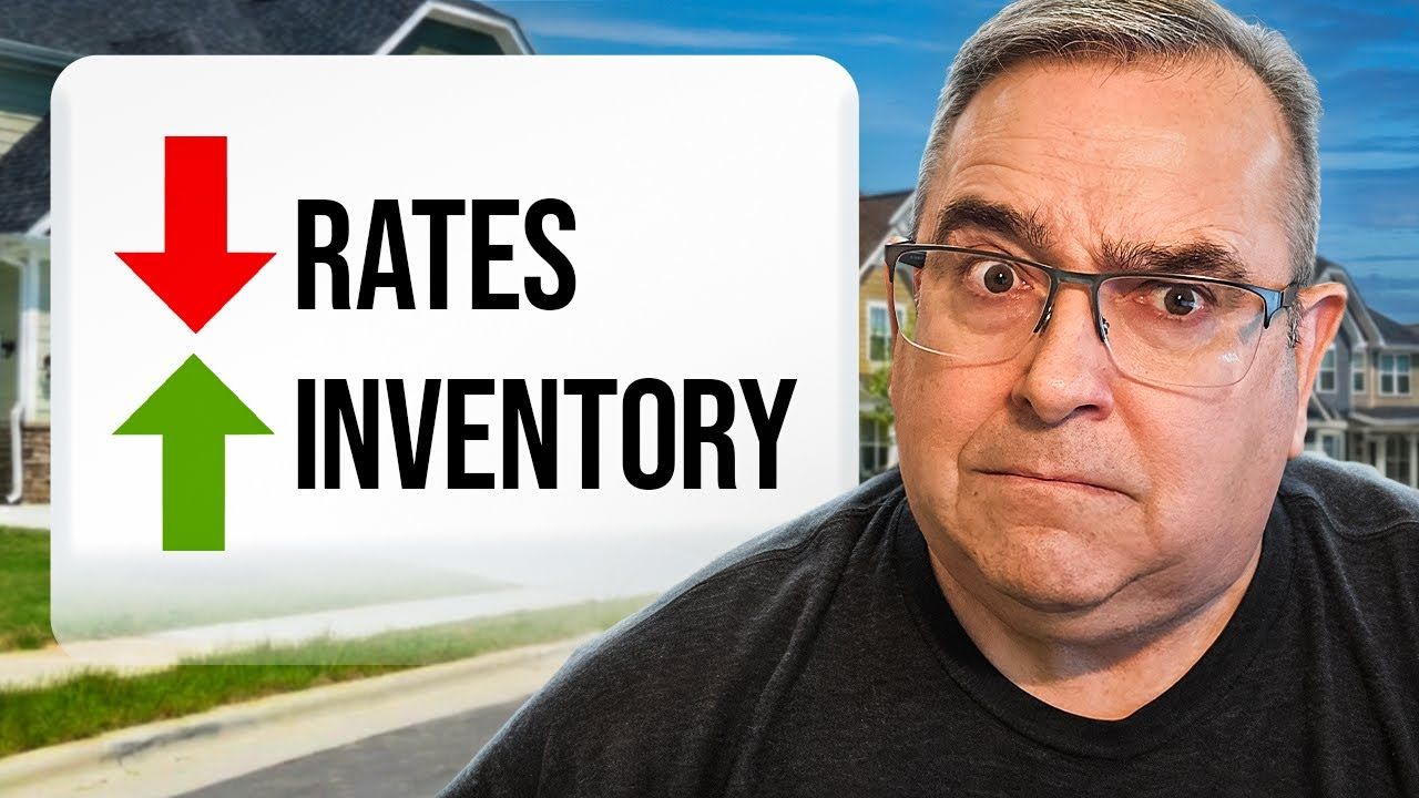Man with concerned expression next to a graphic with a down arrow for rates and an up arrow for inventory.