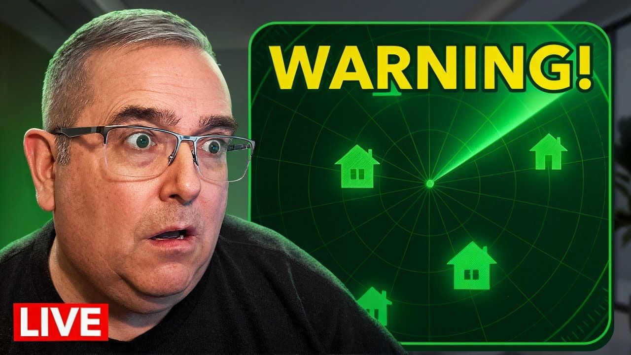 Man with shocked expression next to a graphic radar displaying homes with a “WARNING!” label.